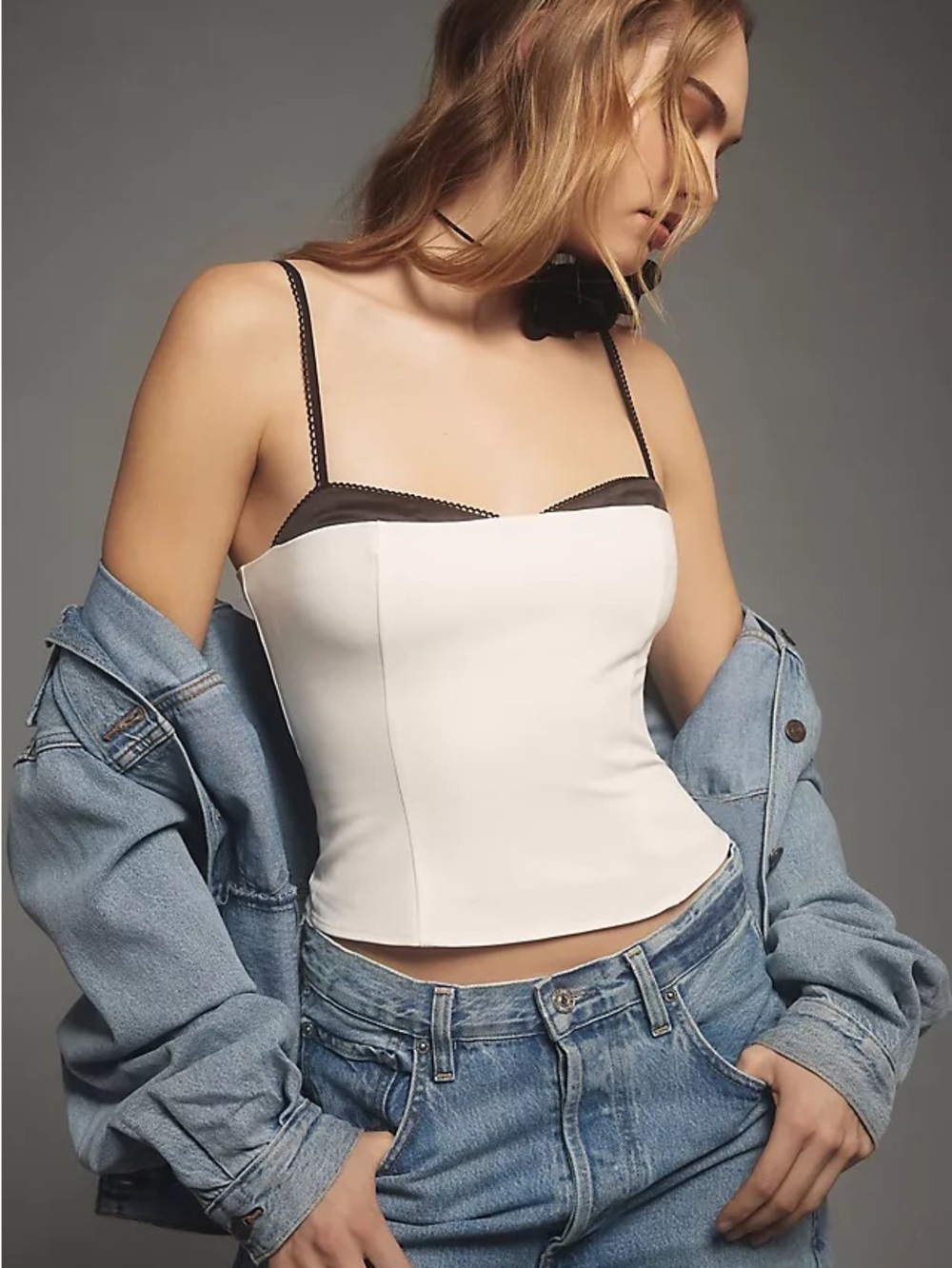 Reformation Melanie Ivory Tank Top sweetheart neckline silk black trim